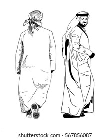 Arabic Man Sketch Of Back And Profile Side In Vector.