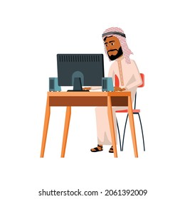 arabic man support service worker online consultation on computer cartoon vector. arabic man support service worker online consultation on computer character. isolated flat cartoon illustration