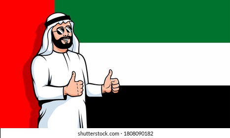 Der arabische Mann hält sich auf geeintem arabischem Hintergrund. Positive muslimische Person aus den VAE. Vektorgrafik.