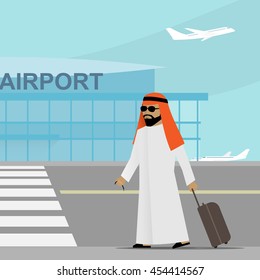 Arabic man in traditional clothes with suitcase walking to the airport. Vector