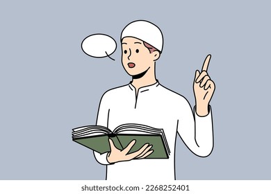 Arabic man in traditional headwear reading from Koran. Muslim male make speech holding Quran in hands. Religion and faith concept. Vector illustration. 