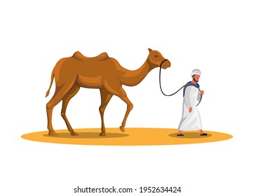 Arabic man walking with camel in dessert sand middle east culture symbol cartoon illustration vector