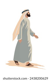 Hombre árabe caminando. Gente de arte vectorial. Diseño plano. Realista. Vista lateral. 