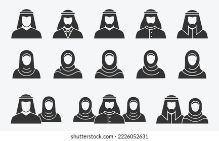 Arabic man and woman glyph icons set. Vector illustration.