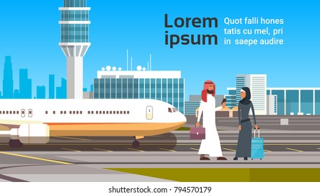 Arabic Man And Woman Over Modern Airport Background Arab Business People Couple Travel Flat Vector Illustration