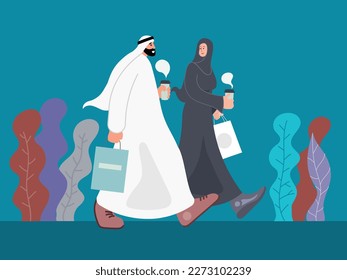 Arabic man and woman walking and drinking coffee after shopping