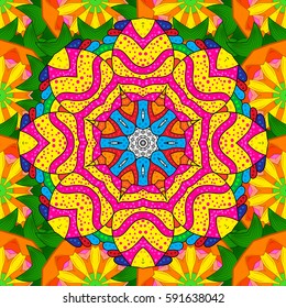 Arabic Mandala pattern on background. Wedding, holiday card. Ethnic texture. Colored. Orient, symmetry lace, fabric. East, Islam, Indian, motifs. Vintage vector decorative ornament.