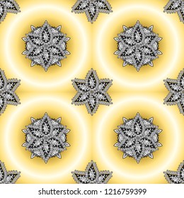 Arabic Mandala pattern on yellow, beige and white colors. Vintage vector decorative ornament. East, Islam, Indian, motifs. Ethnic texture. Orient, symmetry lace, fabric. Wedding, holiday card. Colored
