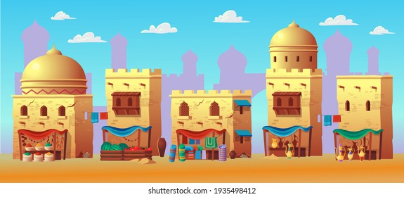 Arabic Market. Panorama Of Ancient Arab City With Houses And The Arab Market. Vector Illustration In Cartoon Style.