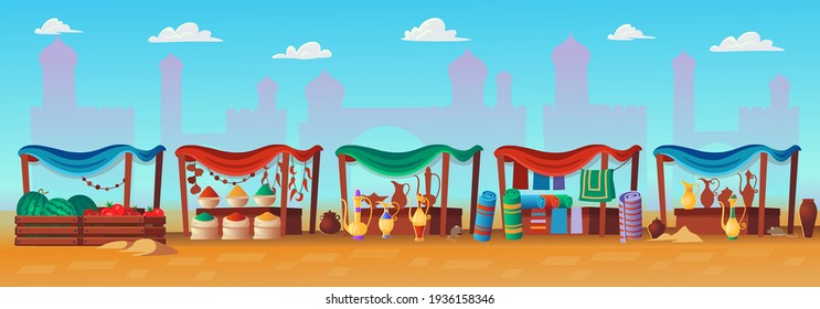 Arabic market. Panorama of ancient arab city with houses and the Arab market. Vector illustration in cartoon style for children. Background for games and mobile applications.