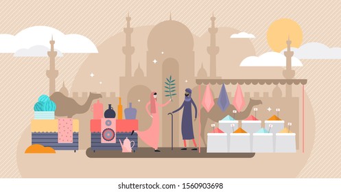 Arabic market trade flat tiny persons vector illustration concept. Bargaining deals and selling goods in authentic ancient east urban street market place. Traditional carpets, pottery and spices.