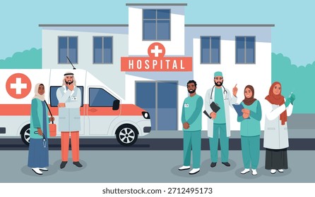 Equipo médico árabe. Personal hospitalario del Medio Oriente, ambulancia en el frente del edificio, profesionales, doctores y enfermeras en el grupo del hiyab se colocan cerca de la clínica, concepto aislado del estilo plano de la historieta del Vector ordenado