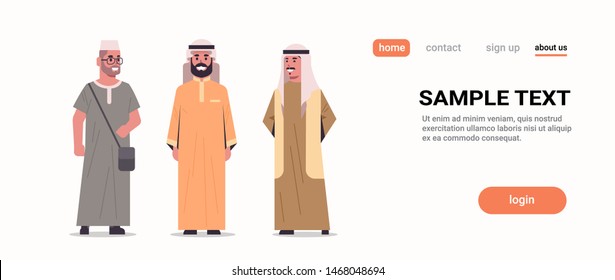 arabic men discussing standing together arab man wearing traditional clothes arabian male cartoon characters collection full length flat white background copy space horizontal