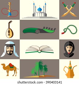 Arabic, middle east flat colored icons. Arabian people and mosque and swords and open book. Vector illustration