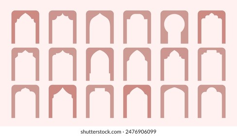 Formas de ventana minimalista árabe. Arco marroquí, siluetas de entrada. Vector simple beige arcos abiertos para la tarjeta.