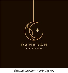 Luna árabe linterna ramadan, simple ramadan Kareem vector , Eid Mubarak Greeting Line icono de diseño vectorial mínimo con luna creciente dorada colgada y estrella