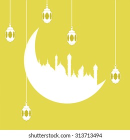 Arabic moon shape paper cutout with illustration of hanging lamps or lanterns on yellow gold  background for Islamic holy month of prayer celebration  for Muslim holiday. Eid al-Adha and Eid al-Fitr 