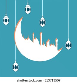 Arabic moon shape paper cutout with illustration of hanging lamps or lanterns on blue background for Islamic holy month of prayer celebration  for Muslim holiday. Eid al-Adha and Eid al-Fitr 