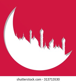 Arabic moon shape paper cutout illustration on red background for Islamic holy month of prayer celebration  for Muslim holiday. Eid al-Adha and Eid al-Fitr 