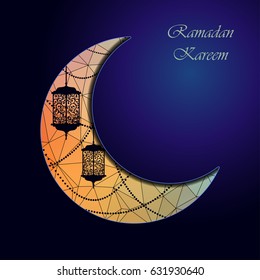 Arabic moon with traditional lantern and garland. Card, invitation for muslim month Ramadan Kareem. Eid ul adha. Festive vector illustration, background.