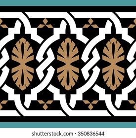 Arabic Morocco Border Seven. White, ocher on black. Traditional Islamic Design