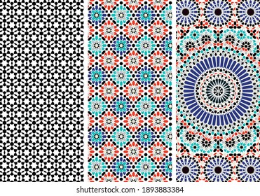 Arabic Mosaic Zellige Colorful Vector. Red, blue and green colors.