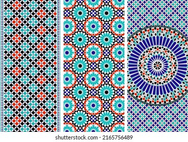 Arabic Mosaic Zellige Colorful Vector. Red, blue and green colors. Seamless