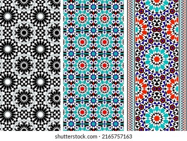 Arabic Mosaic Zellige Colorful Vector. Red, blue and green colors. Seamless