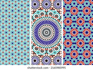 Arabic Mosaic Zellige Colorful Vector. Red, blue and green colors. Seamless