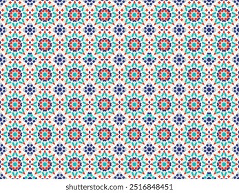 Arabic Mosaic Zellige Colorful Vector. Red, blue and green colors. Seamless