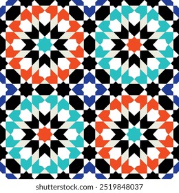 O Mosaico Árabe Zellige Vetor Colorido. Cores vermelha, azul e verde. Sem emenda
