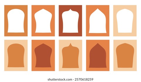 Arabic mosque door shape arches border frame for Islamic festival, poster greeting card, and Eid Mubarak.