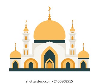 Arabic mosque with golden domes and minaret towers. Isolated simple flat style religious temple. Front view. Muslim faith place building. Middle east architecture.