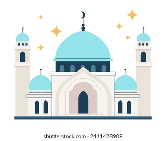 Arabische Moschee mit goldenen Kuppeln und Minaretthürmen. Einziger religiöser Tempel im Flachstil. Vorderseite. Bau muslimischer Glaubenszentren. Nahost-Architektur.