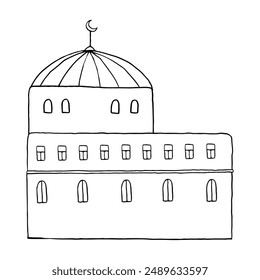 Arabic mosque house flat vector illustration in black and white. Simple traditional Islamic Middle East architecture with windows and dome