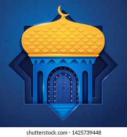 Arabic mosque made of paper or islamic church with dome and crescent, palace with moon, muslim arabesque decoration for Eid al-Adha and Ramadan celebration or card background. Religion theme
