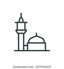 Arabic mosque masjid, minaret outline icon. Line sign landmark, historic architecture. Vector isolated pictogram for web and app on white background editable stroke.