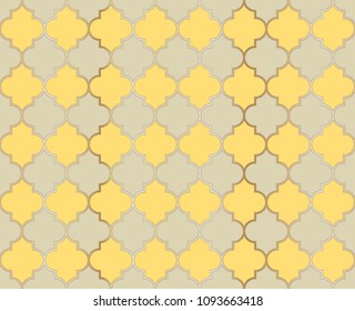 Arabic Mosque Vector Seamless Pattern. Ramadan mubarak muslim background.  Traditional ramadan kareem mosque pattern with gold grid mosaic.  Islamic textile grid design of lantern shapes tiles