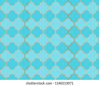 Arabic Mosque Vector Seamless Pattern. Ramadan mubarak muslim background.  Holy month ramadan kareem mosque pattern with gold grid mosaic.  Islamic textile grid design of lantern shapes tiles