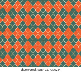 Arabic Mosque Vector Seamless Pattern. Argyle rhombus muslim textile background. Traditional mosque pattern with gold grid. Rich islamic argyle seamless design of lantern lattice shape tiles.