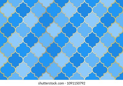 Arabic Mosque Window Vector Seamless Pattern. Ramadan mubarak muslim background.  Traditional ramadan kareem mosque pattern with gold grid mosaic.  Islamic fabric grid design of lantern shapes tiles.