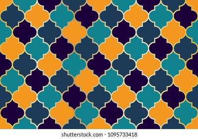 Arabic Mosque Window Vector Seamless Pattern. Ramadan mubarak muslim background.  Holy month ramadan kareem mosque pattern with gold grid mosaic.  Islamic fabric grid design of lantern shapes tiles.
