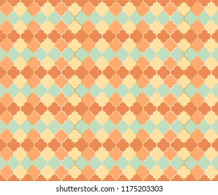 Arabic Mosque Window Vector Seamless Pattern. Ramadan mubarak muslim background. Traditional ramadan mosque vector pattern with gold grid. Rich islamic window grid design of lantern shapes tiles.