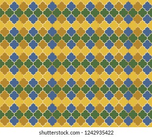 Arabic Mosque Window Vector Seamless Pattern. Ramadan mubarak muslim background. Traditional ramadan mosque vector pattern with gold grid. Stylish islamic window grid design of lantern shape tiles.