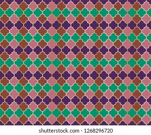 Arabic Mosque Window Vector Seamless Pattern. Ramadan mubarak muslim background. Traditional ramadan mosque pattern with gold grid mosaic. Islamic window grid design of lantern shapes tiles.