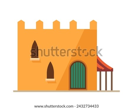 Arabic mud house with arched door and small windows. Architecture building with plane roofed structure and columns on sides. Traditional Middle east residence to live with canopy. Vector in flat style
