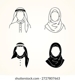Conjunto de iconos de avatares musulmanes árabes, avatares de Perfil masculino y femenino tradicionales de Oriente Medio
