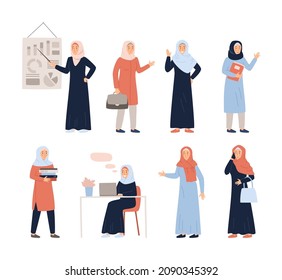 Arabic Muslim business woman characters set, flat vector illustration isolated on white background. Saudi Arabia muslim modern working women characters collection.