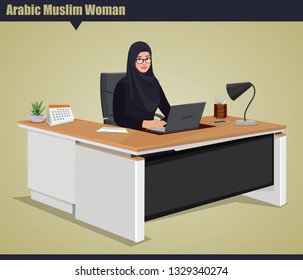 Arabic Muslim Business Woman In Her Office With A Laptop 