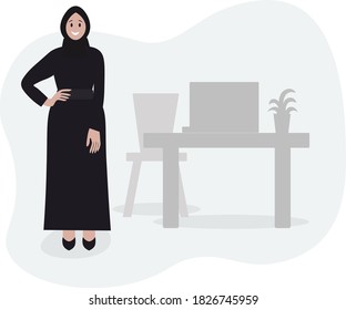 arabic muslim business woman or teacher in abaya and hijab from saudi arabia or united arab emirates in the office or school